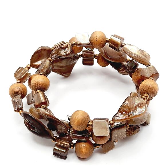 Vintage Shell Wooden Seed Bead Memory Wire Bracelet, Shades of Brown - Picture 3 of 9